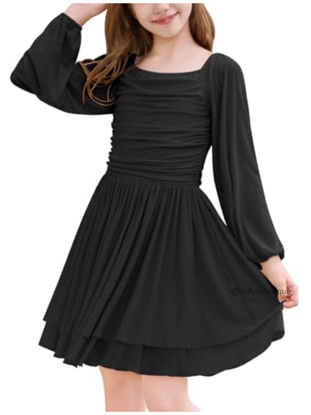 Teen Girl Puff Long Sleeve Square Neck Prom Dress Formal Midi